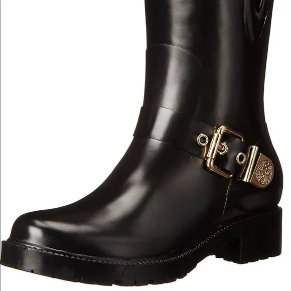 Vince Camuto Rain Boots With Gold Accents Rubber and Black Boots Size 6​​​ - Picture 13 of 14